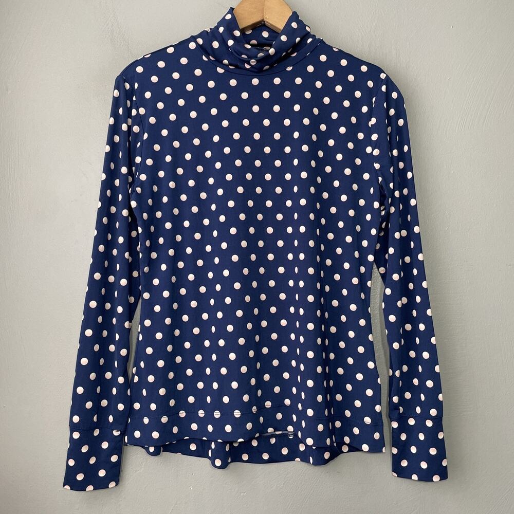 Lands End Turtleneck Shirt Size M Navy Polka Dot Slinky Stretch Knit Base Layer